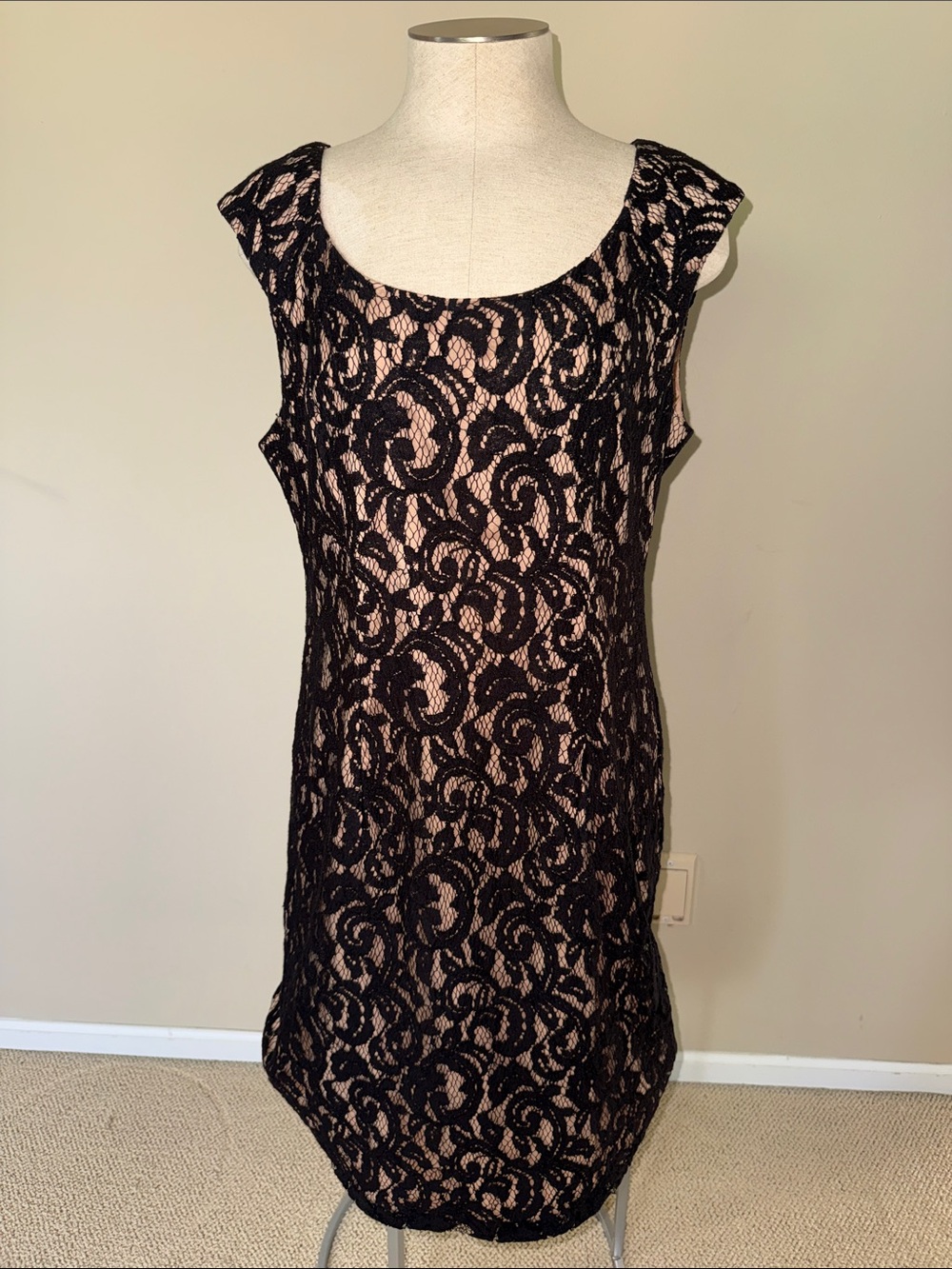 Adrianna Papell Black Lace Midi Dress with Nude Underlayer